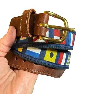 Preston Mens Nautical Signal Flag Belt Navy Canvas Brown Leather USA Made 42